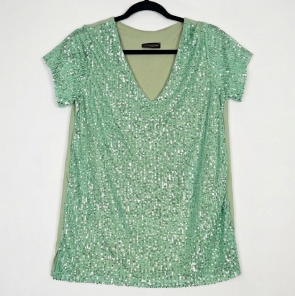 Boutique Made in Italy Mint Green Sequin V-Neck Tunic Top S/M New